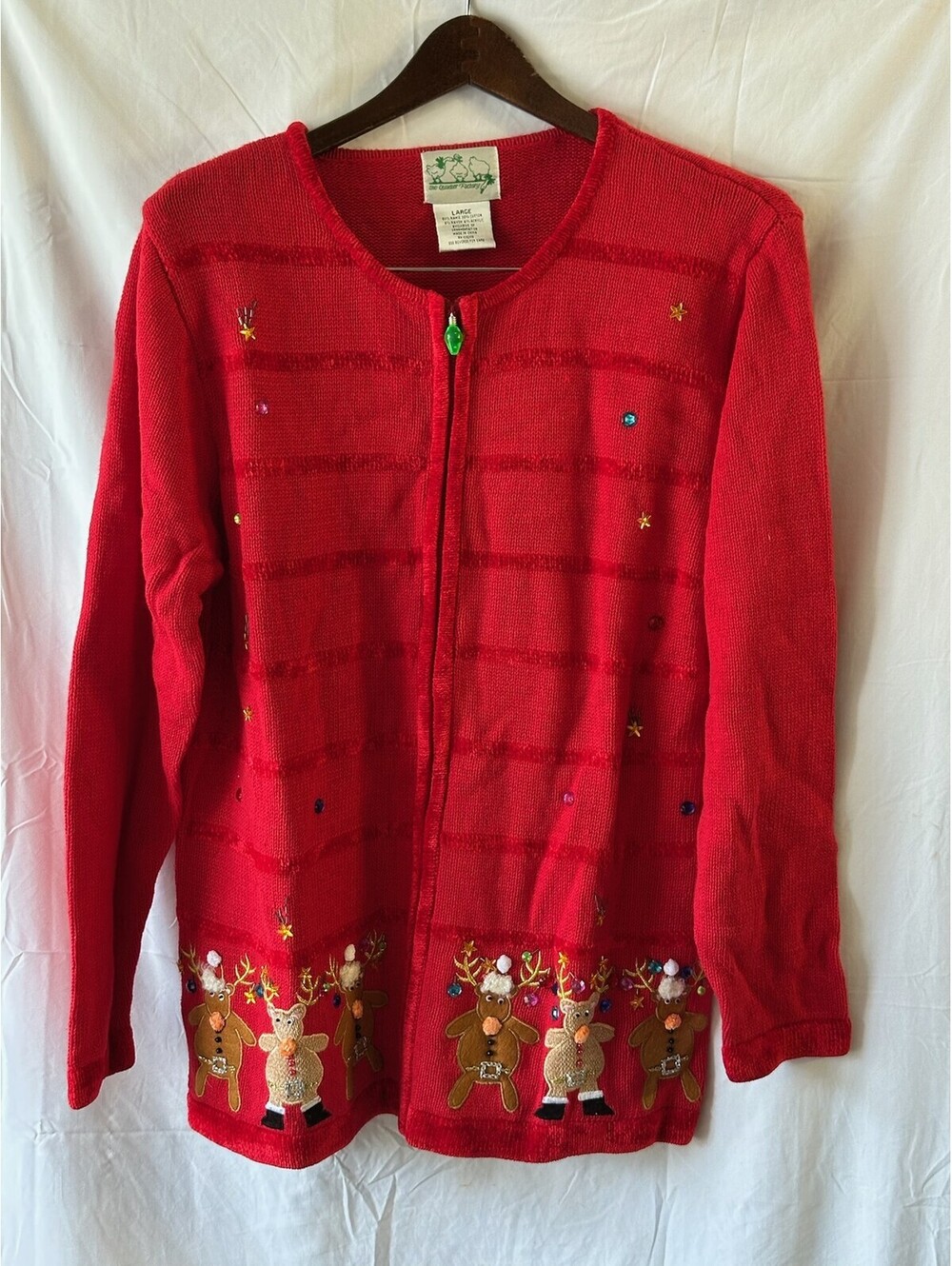 The Quacker Factory Christmas Reindeer Cardigan Red Embellished Zip Up Large E-6